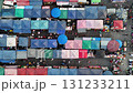 4K Aerial view of flea market with colorful tents 131233211