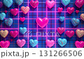 Colorful hearts floating over glowing neon grid pattern background. 131266506