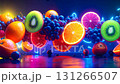 Colorful neon glowing fruits falling, a vibrant mix. 131266507