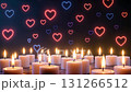 Glowing neon hearts floating above burning candles. 131266512