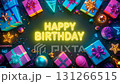 Happy birthday neon text surrounded by vibrant gift boxes, confetti, and festive decorations. 131266515