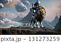 Robotic figure and mechanical lion in a futuristic landscape.  The robot jumps on top of a mechanical lion and they race into the distance against the backdrop of a futuristic landscape. 131273259
