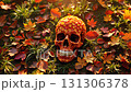 Vibrant Floral Skull Among Autumn Leaves with Cinematic Motion. 131306378