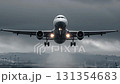 Passenger airplane landing on wet runway in stormy weather 131354683