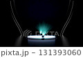 3D render of a glowing white circular stage with two bright teal spotlights shining on it, set against a dark, minimalist background. Ideal for product display, presentations, or futuristic concepts. 131393060