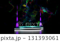 3D render of a futuristic product display stage with a glowing aqua podium and bright purple neon pillars on a reflective dark surface, against an abstract background with colorful light effects. 131393061