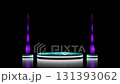 Futuristic 3D render of a glowing blue-green pedestal with a white light rim, flanked by two purple light spires on a reflective black background. Ideal for product display or virtual stage. 131393062