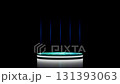 Futuristic glowing podium with electric lightning bolts and vertical blue light streaks on a dark background. Ideal for product display, virtual stages, or energetic presentations. 131393063