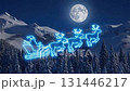 A Magical Winter Night with Santa's Sleigh Gliding Across the Moonlit Sky, Surrounded by Snowy Mountains and Glowing Reindeer, Filling the Air with Holiday Spirit. 131446217