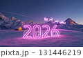 A Magical Winter Landscape Featuring Pink Neon '2026' Sparkling Under a Starry Sky with Sleigh and Reindeer Soaring Above Snow-Capped Mountains. 131446219