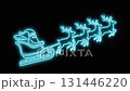Bright blue neon outline of Santa Claus in sleigh with reindeer flying across a dark backdrop. 131446220
