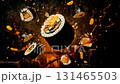 Sushi rolls burst into the air, surrounded by flying ingredients and splashes, showcasing a dynamic culinary scene of vibrant colors and textures in motion 131465503