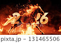 Majestic horse gallops through fiery landscape, flames dancing around, with bold numbers 2026 in the background, capturing a dynamic and powerful scene of motion and energy 131465506