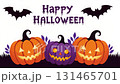 Colorful Halloween scene with three carved pumpkins, playful bats, and vibrant foliage, creating a festive atmosphere for seasonal celebrations and spooky fun 131465701