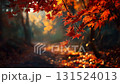 Autumn scenery with soft sunlight streaming into a forest road decorated with colorful maple leaves 131524013