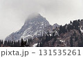 Majestic mountain peak covered with patches of snow and surrounded by a dense evergreen forest on a cloudy day, with thick white fog enveloping the summit in a dramatic and moody atmosphere 131535261