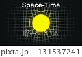 Scientific illustration of spacetime curvature showing a bright yellow sphere bending the surrounding grid, representing gravity, physics, and Einstein theory of relativity 131537241