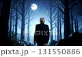 A man strolls leisurely through a fabulous natural landscape illuminated by moonlight. 131550886