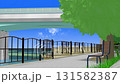 アニメーションの背景動画『海の見える公園』（公園の手すりの向こうに広がる海原へ視点が移動するシーン） 131582387