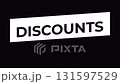 White rectangular banner with the word discounts written inside it, appearing with a transition from a vertical bar, then a purple percentage symbol appearing below 131597529