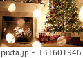 Cozy christmas scene with decorated tree, glowing fireplace, and wrapped gifts with bokeh lights 131601946