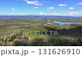 Aerial panoramic view of lush green forest with a winding river and distant mountains under a bright blue sky, showcasing scenic nature, wilderness, and outdoor adventure beauty 131626910