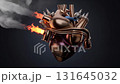 Surreal concept shows mechanical heart working as engine. Powerful metallic organ rotates, emitting fire and smoke from its exhausts in seamless loop. 131645032