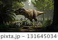 Dinosaur Tyrannosaurus Rex is stomping on the spot in prehistoric jungle. Giant carnivore standing among lush ferns and ancient trees. T-rex predator computer visualization in Jurassic period 131645034