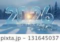 The end of 2025 and beginning of 2026 new year concept. Intro opener. Digit 6 falls on number 5 and breaks number 5 into ice fragments. Volumetric icy digits stand in snowy field near forest. 131645037