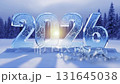 End of 2025 and beginning of 2026 new year concept. Annual Turnover. Intro opener. 3D ice number stands in snowy field near forest. In Frosty Winter Scene, Icy Inscription. Number 5 changes to Digit 6 131645038