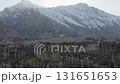 Aerial view of a serene valley in Pakistan, featuring a white building with a dome and snow-capped mountains in the background 131651653