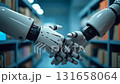 Two robotic arms meet in a library, engaging in a handshake that symbolizes the connection between technology and knowledge. This moment highlights innovation in robotics. 131658064