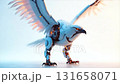 A remarkable robotic bird stands poised with outstretched wings, embodying the fusion of nature and technology. Its intricate design features glowing elements that highlight innovation. 131658071