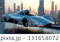 A sleek hover car soars effortlessly over a bustling city as the sun sets behind towering skyscrapers. The scene captures a blend of innovation and urban beauty. 131658072