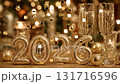 Celebrating New Year 2026 with sparkling decorations and champagne glasses 131716596