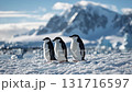 Three penguins standing together on snow with mountains in the background during a clear day in Antarctica 131716597