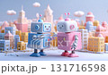 Two playful robots interacting in a colorful city scene during a sunny day 131716598