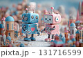 Colorful robots interacting in a whimsical miniature city during a sunny day 131716599