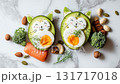 Creative avocado cat dishes decorated with vegetables and healthy toppings for a fun meal 131717018