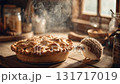 Cute hedgehog looks curiously at freshly baked apple pie in a cozy kitchen setting 131717019