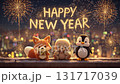 Cute animals celebrate New Year’s Eve with fireworks in the background during a festive city night scene 131717039