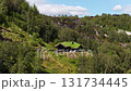Scenic aerial view of traditional norwegian house with grass roof 131734445