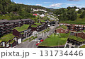 Aerial view of scandinavian houses with turf rooftops in a green valley 131734446