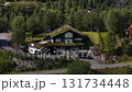 Aerial view of a traditional norwegian house with a turf roof 131734448