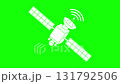 Pop up white illustration of satellite with radar signal animation with extended solar panels on a solid green background for editing projects. 131792506