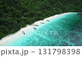 Aerial view of Monkey Beach on Ko Phi Phi Island, Thailand, showing turquoise sea, white sandy beach, tropical jungle and traditional long tail boats anchored near the shore. 131798398
