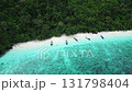 Aerial view of Monkey Beach on Ko Phi Phi Island, Thailand, showing turquoise sea, white sandy beach, tropical jungle and traditional long tail boats anchored near the shore. 131798404