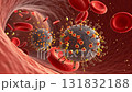 Red blood cells and virus particles interact and float inside blood vessel, showing infection and immune response human body with scientific and medical concept, detailed microscopic view for health 131832188