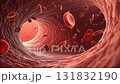 Red blood cells flow through vessel human body, detailed view of circulation and oxygen transport, smooth texture and vibrant red color of cells, dynamic 3D illustration highlighting healthy 131832190