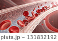 Red blood cells flow through vessel in human body, showing detailed structure, movement, healthy anatomy, circulation, oxygen transport, and blood flow for health in scientific and clinical context 131832192
